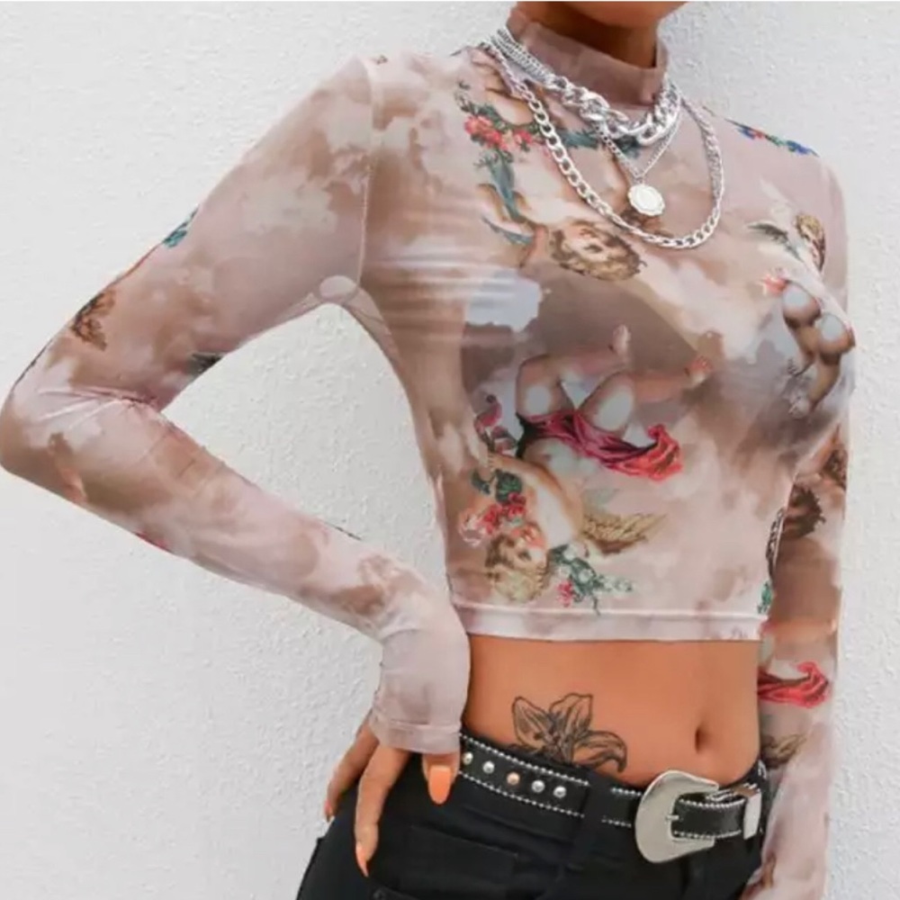 Cherub Sheer Long Sleeve Crop Top in Tan beige - Picture 3 of 7